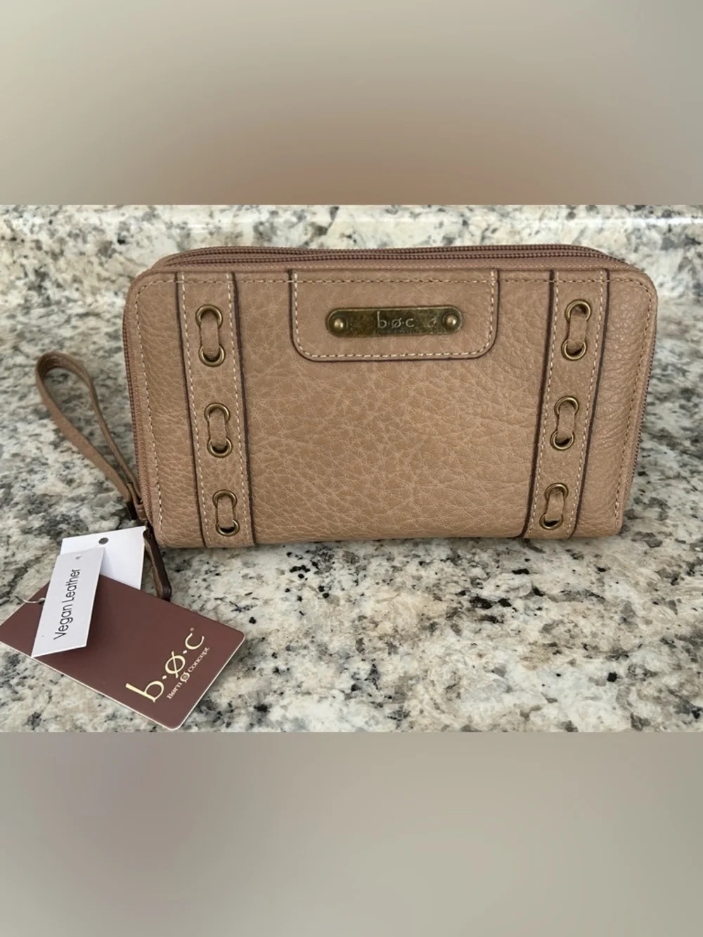 NWT b.o.c. Born Concept Taupe Tan Zip Around Wristlet Wallet Vegan Leather